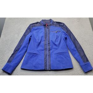 G.I.L.I Moto Jacket Womens Sz 12 Blue Twill Faux Leather Long Sleeve Full Zipper